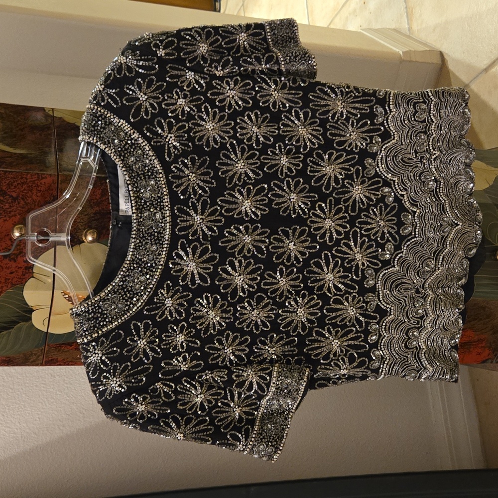 Papell Boutique Evening Beaded & Seeded Pearl Studded Silk Top S